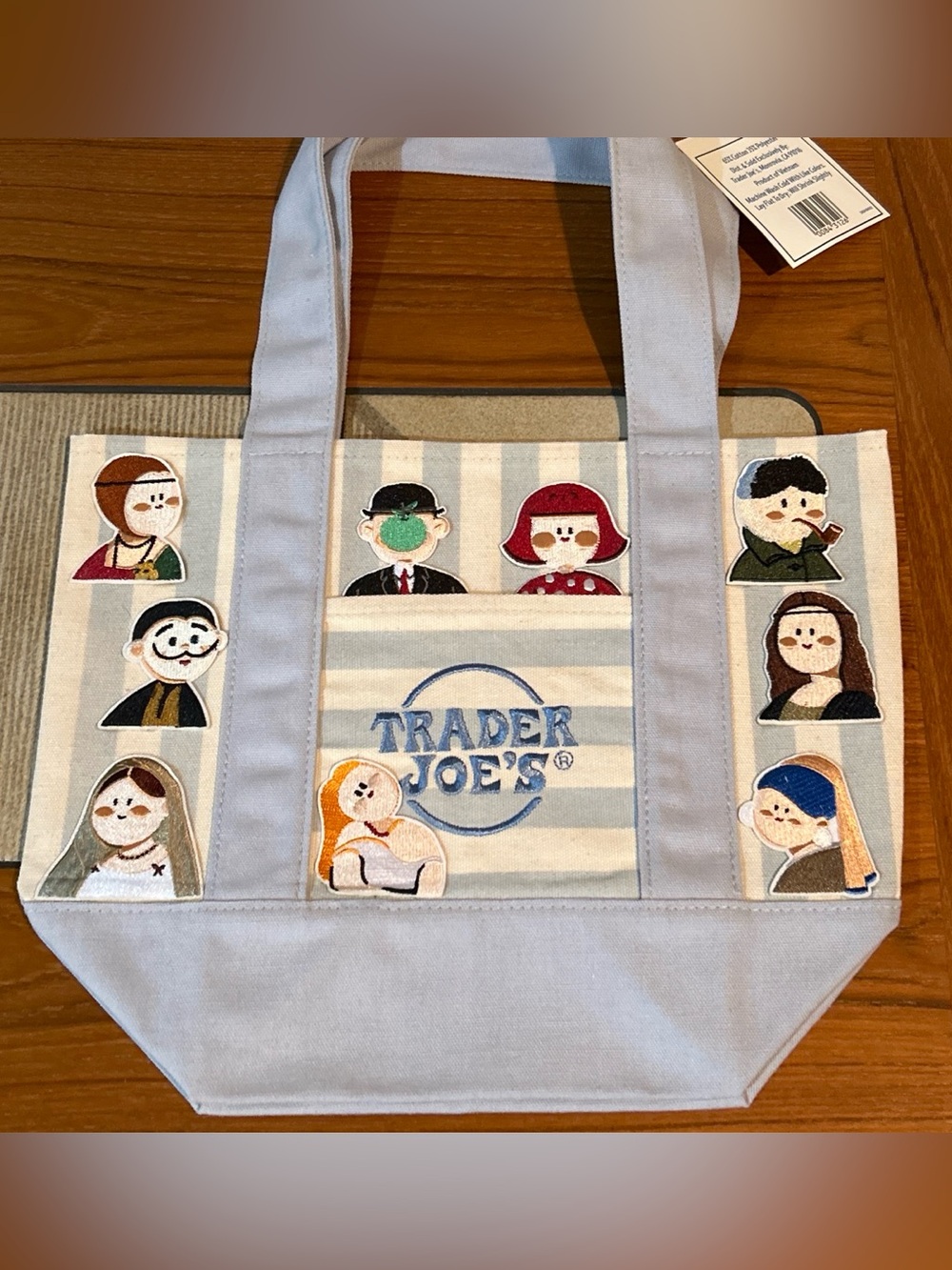 Upcycled Trader Joe's Light Blue Canvas Tote Bag with Art & Artists Patches